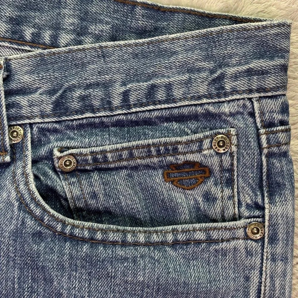 Harley Davidson Mens Jeans 36x30 Blue Straight Leg Embroidered Logo Denim